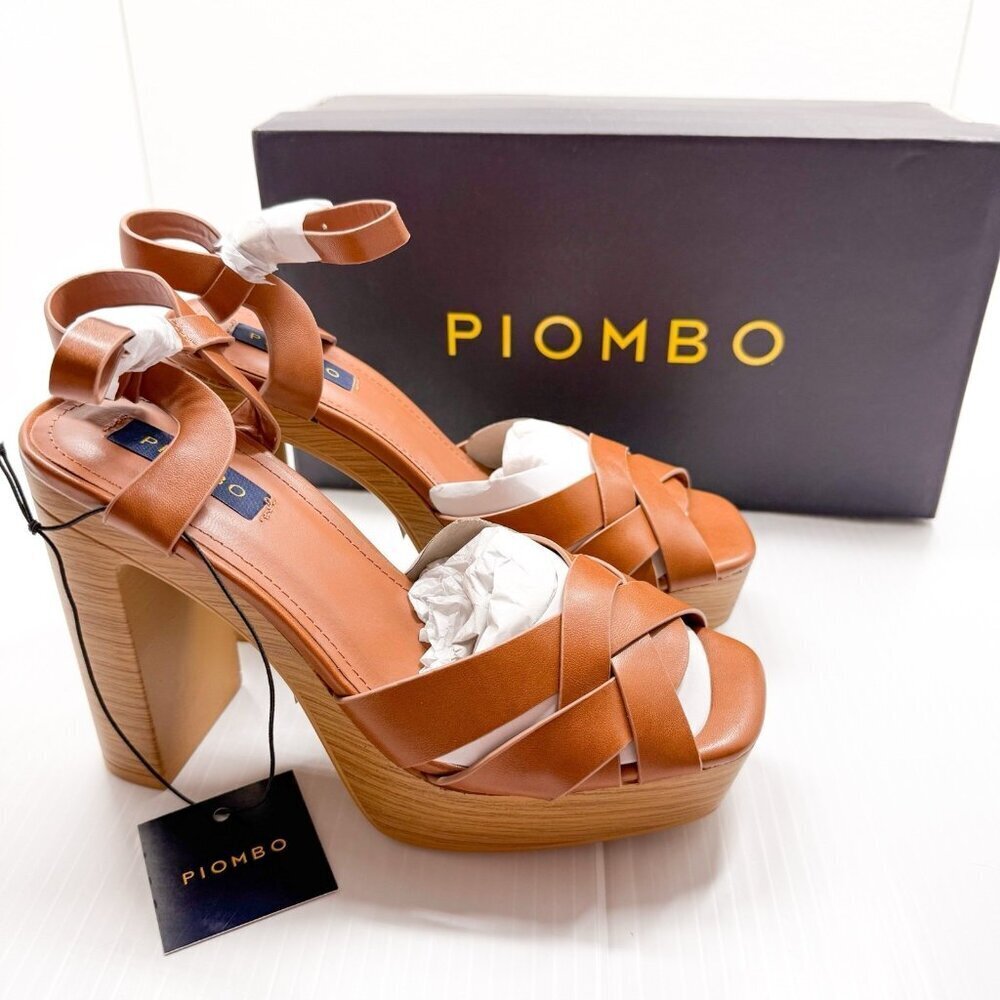 Piombo Platform Sandals Women’s 6US 37EU Tan Strappy Ankle Block Heels NWT Chic